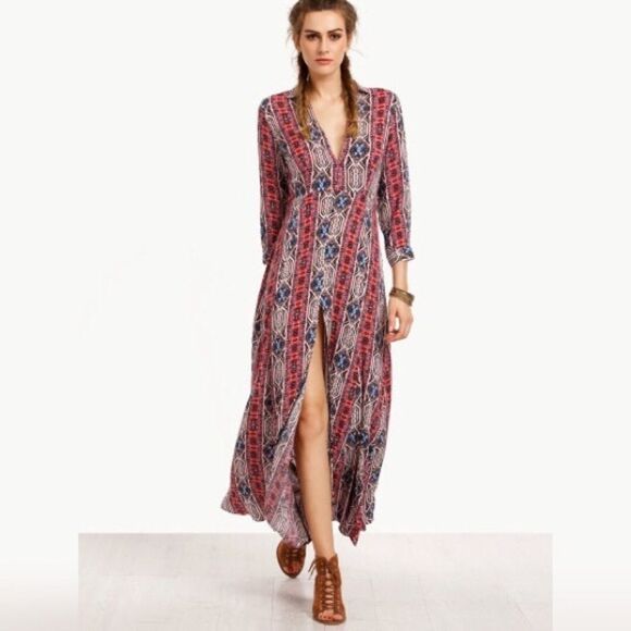 HP 12-25-16Multicolor V Neck Split Side Long Dress - Picture 2 of 4